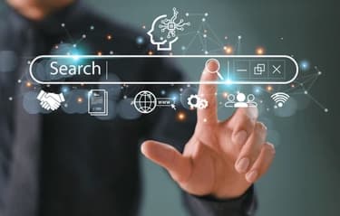 Search Engine Optimisation with hand interacting on digital search bar interface