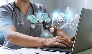 Doctor using healthcare booking app with medical icons and digital interface