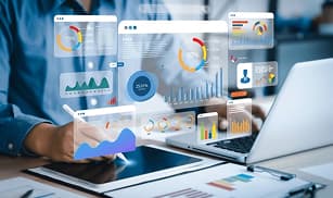 AI analytics dashboard with charts and data visualization on computer screen